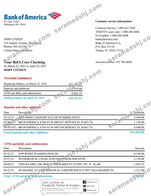 USA Bank of America bank statement template in Excel and PDF format, version 4